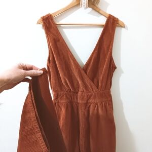American Eagle Terracotta Rust Corduroy Cotton Vneck 70s Kick Flare Jumpsuit